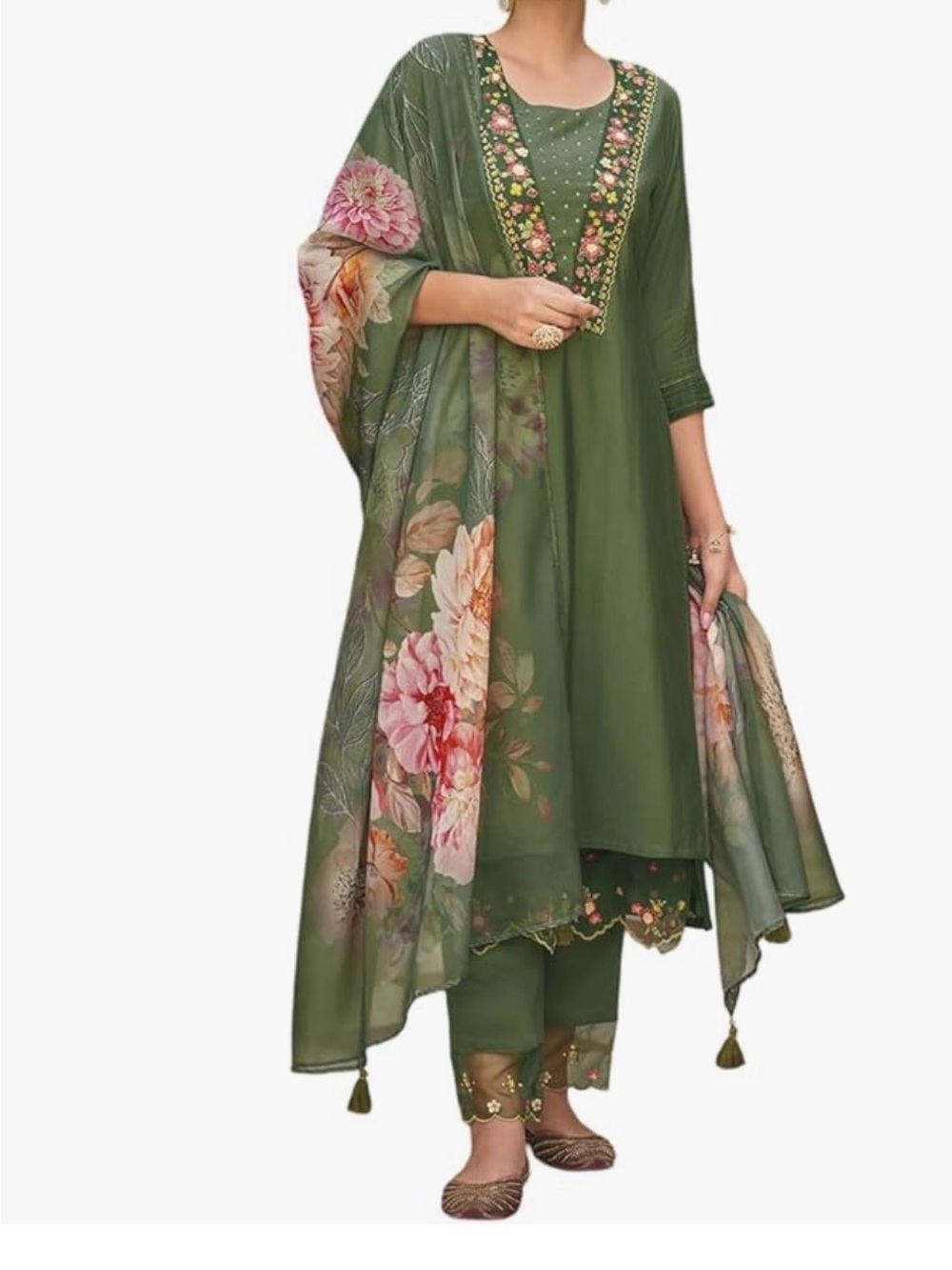 Sage Green Floral Embroidered 3-piece kurta with Sheer Floral Dupatta - Picture 2 of 3